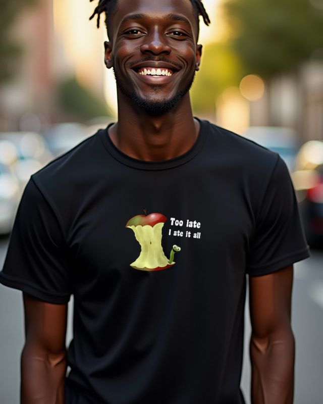 Apfelwurm Too Late I Ate It - Lustiger Apfel Spruch – T-Shirt
