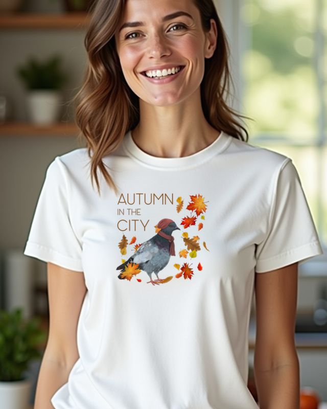 Autumn in the City with Pigeon - Fall Leaves Design โ T-Shirt