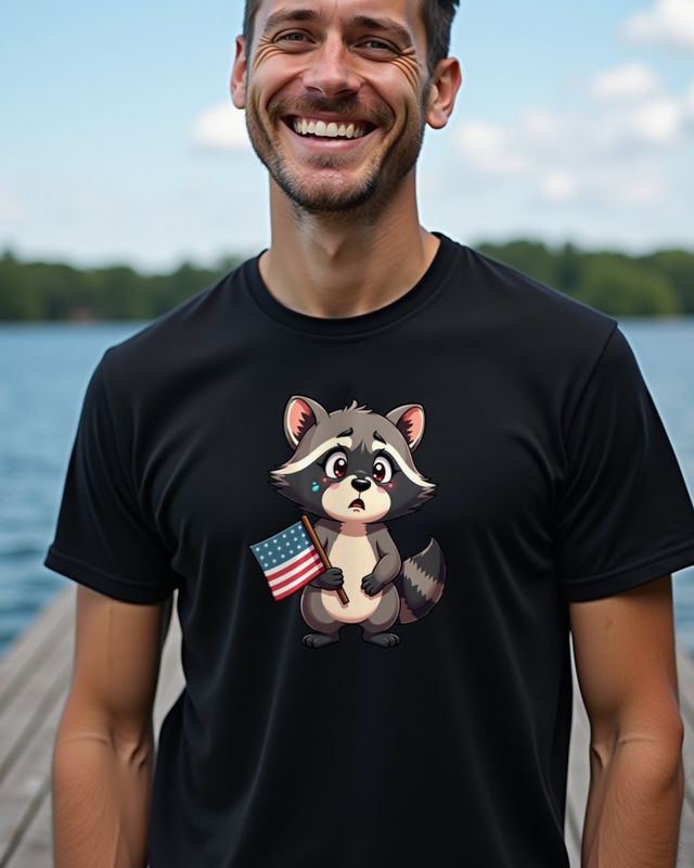 Besorgter Waschbär mit US Flagge – Politik Humor Motiv – T-Shirt