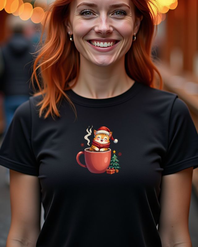 Katze umarmt Kaffeetasse – Weihnachten ohne Text – T-Shirt