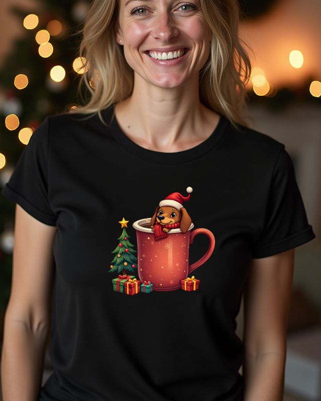 Dackel umarmt Kaffeetasse – Weihnachten ohne Text – T-Shirt