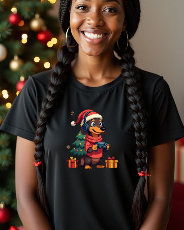 Christmas Gamer Dachshund with Headset โ No Text โ T-Shirt