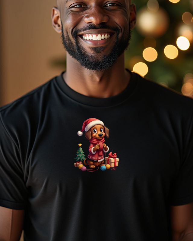 Christmas Knitting Dachshund in a Santa Hat – No Text – T-Shirt