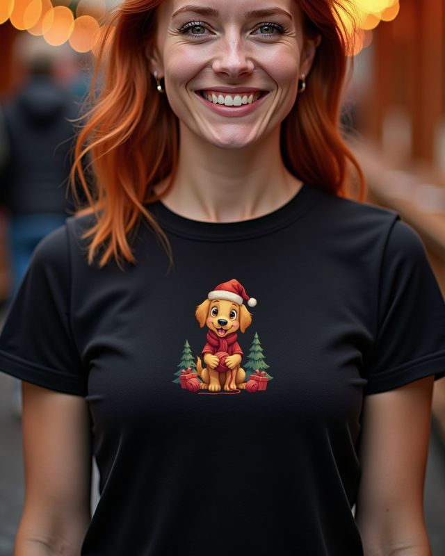 Christmas Knitting Golden Retriever in a Santa Hat β No Text β T-Shirt
