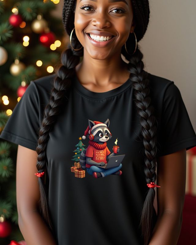 Christmas Raccoon Programmer at a Laptop β No Text β T-Shirt