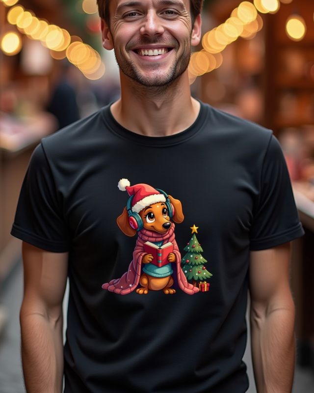 Dackel in Decke zu Weihnachten – Cartoon ohne Text – T-Shirt