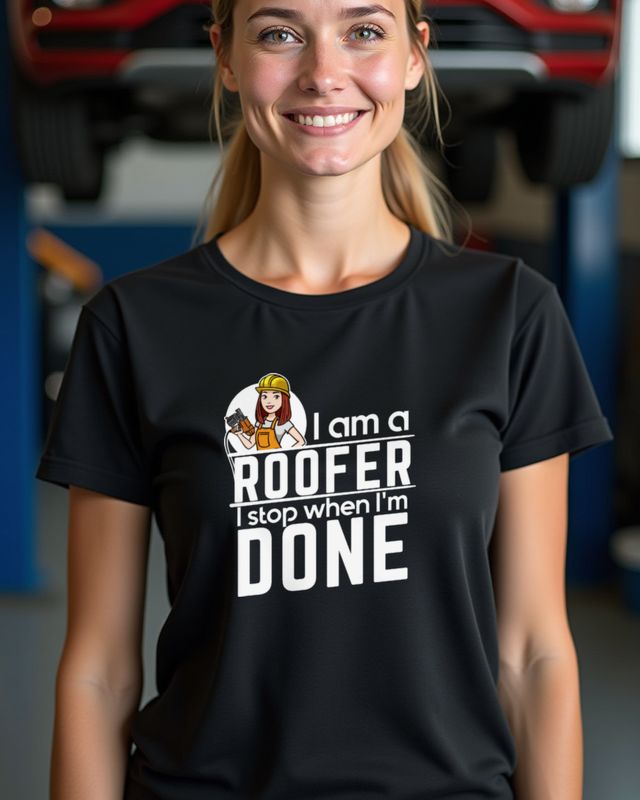 Roofer Woman Stops When Done - Trades Shirt for Her