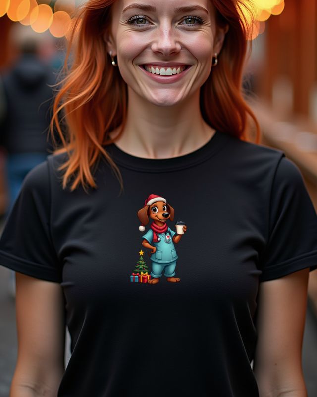 Christmas Dachshund Nurse in Scrubs With Coffee โ No Text โ T-Shirt