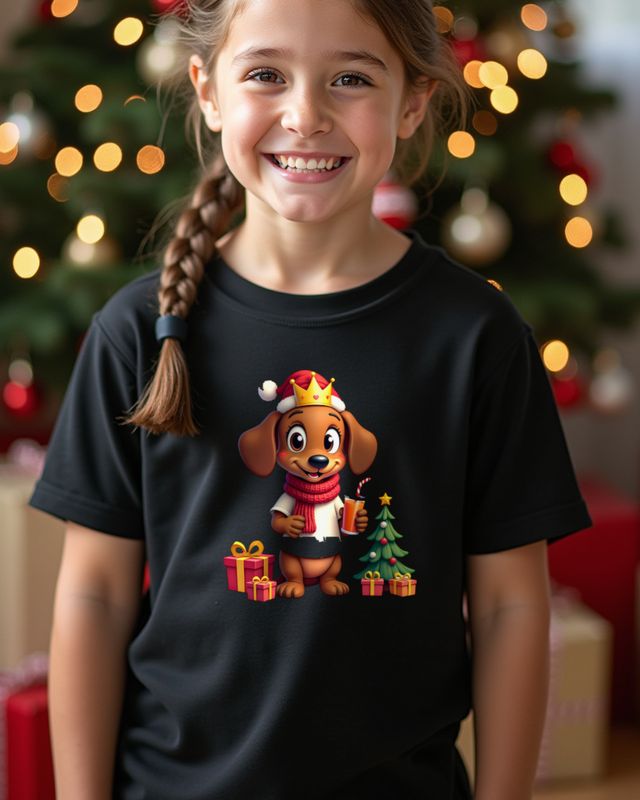 Christmas Dachshund Kid with Paper Crown โ No Text โ T-Shirt