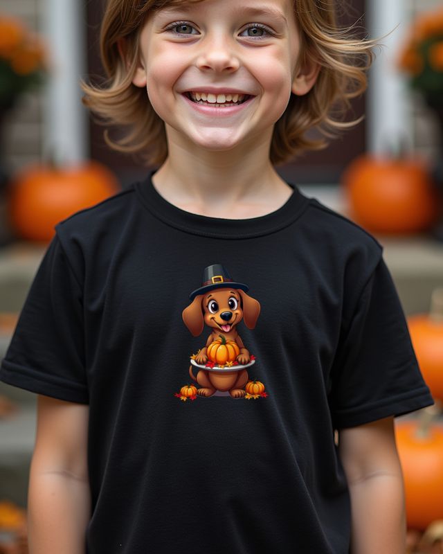 Dackel mit Pilgerhut und Kürbiskuchen – ohne Text – T-Shirt