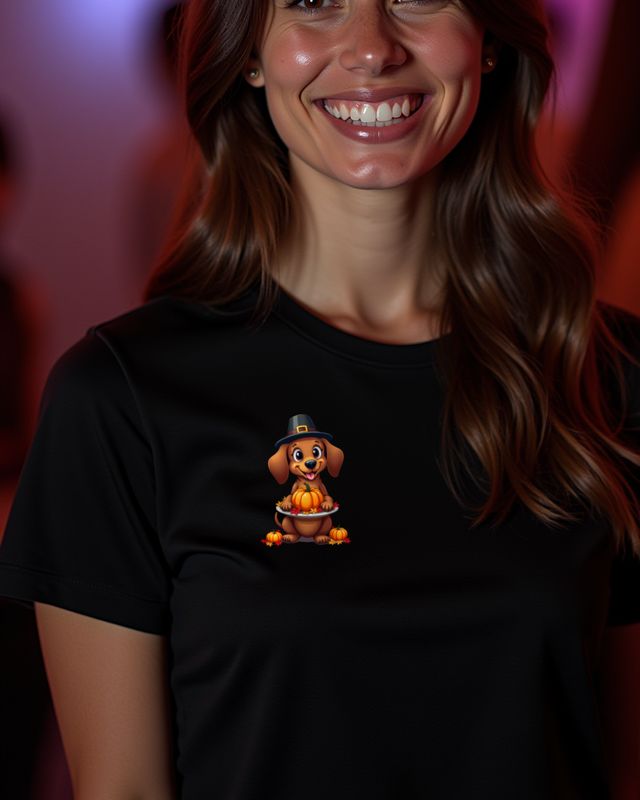 Thanksgiving Dachshund With Pilgrim Hat and Pie โ No Text โ T-Shirt