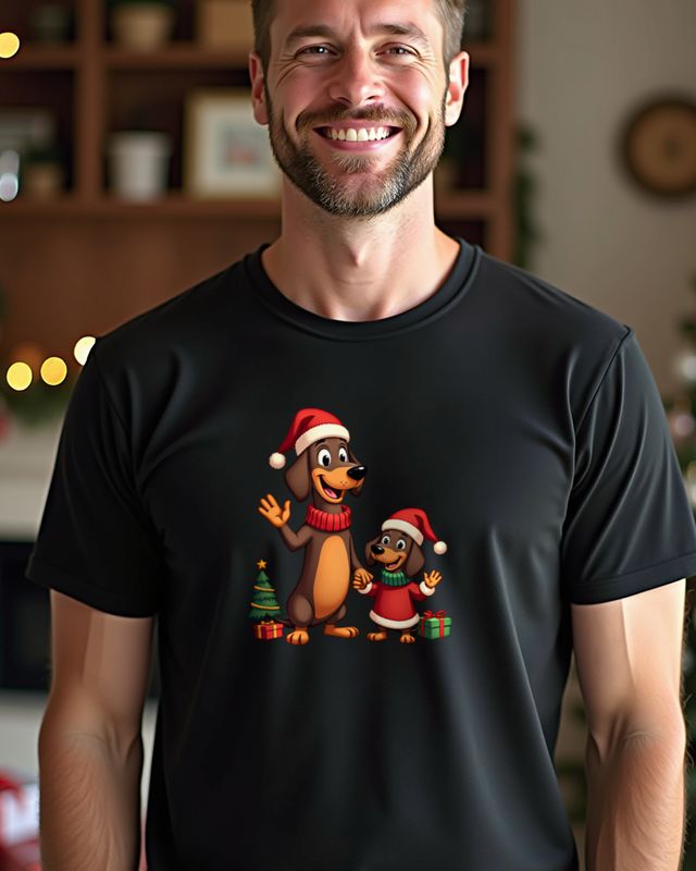 Dackel-Papa mit Kind zu Weihnachten – Cartoon ohne Text – T-Shirt