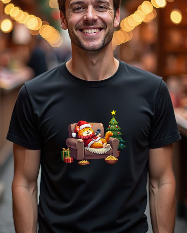 Lazy Christmas Cat on the Couch โ Text-Free Cartoon โ T-Shirt
