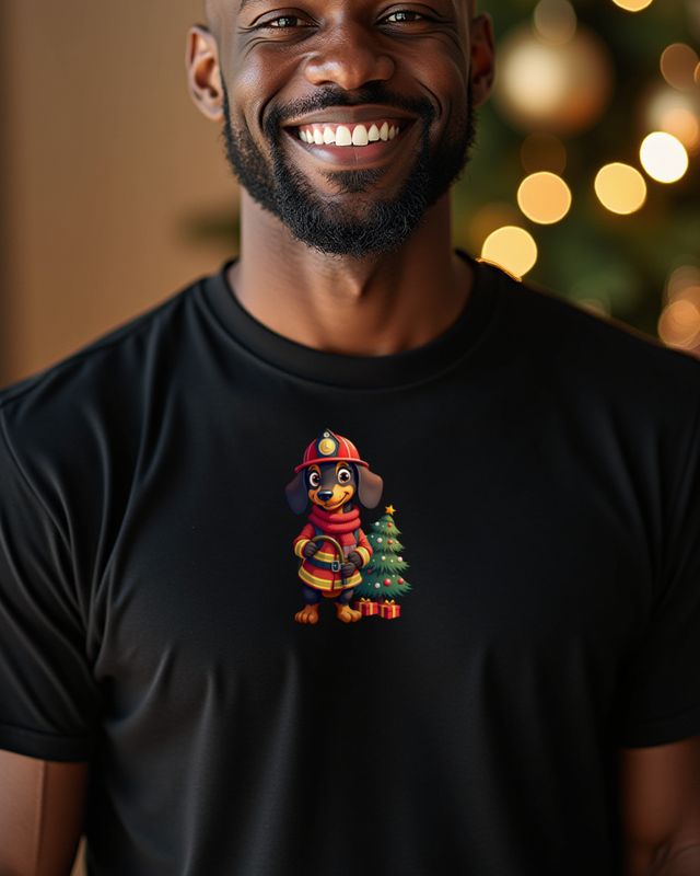 Christmas Firefighter Dachshund with Fire Truck โ No Text โ T-Shirt