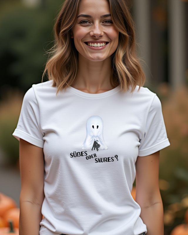 Geist und Katze - Süßes oder Saures - Halloween für Kinder – T-Shirt