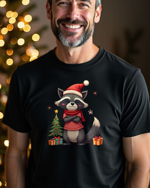 Genervter Waschbär mit Weihnachtsmütze – Motiv ohne Text – T-Shirt