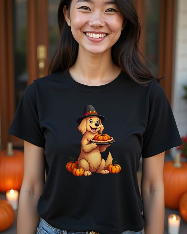 Golden Retriever mit Pilgerhut und Kürbiskuchen – ohne Text – T-Shirt