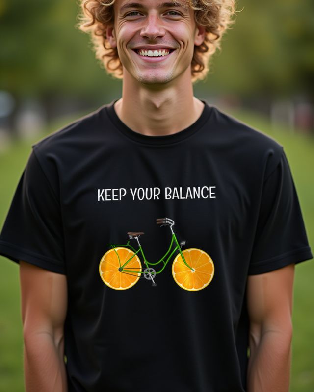 Keep your balance - Fahrrad mit orangen Rädern – T-Shirt