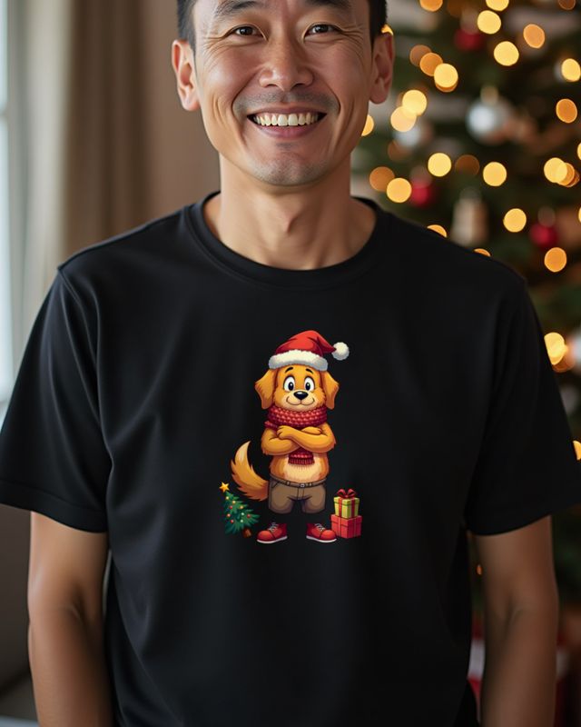 Grumpy Christmas Golden Retriever in Santa Hat – No Text – T-Shirt