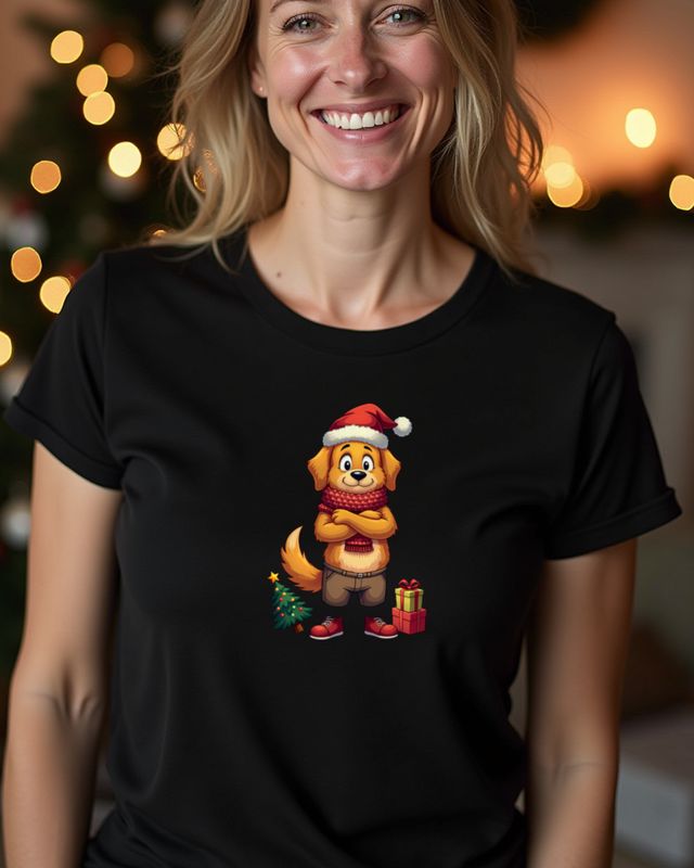 Grumpy Christmas Golden Retriever in Santa Hat β No Text β T-Shirt