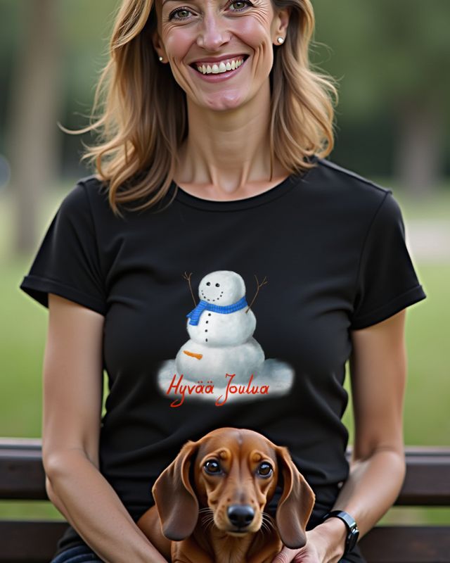 Fröhlicher Schneemann mit Hörnern & Schal Hyvää Joulua – T-Shirt