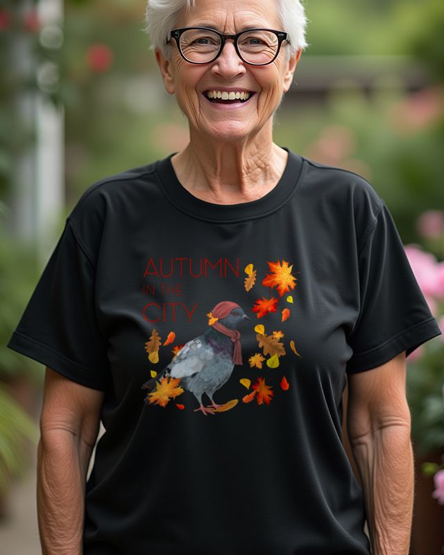 Herbst in der Stadt mit Taube - Herbstblätter Motiv – T-Shirt