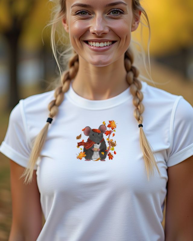 Herbstblätter und niedliche Maus - Süßes Herbst Motiv – T-Shirt