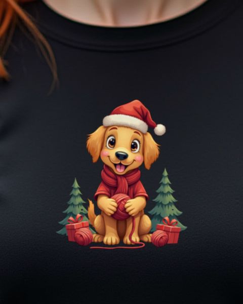 Christmas Knitting Golden Retriever in a Santa Hat – No Text