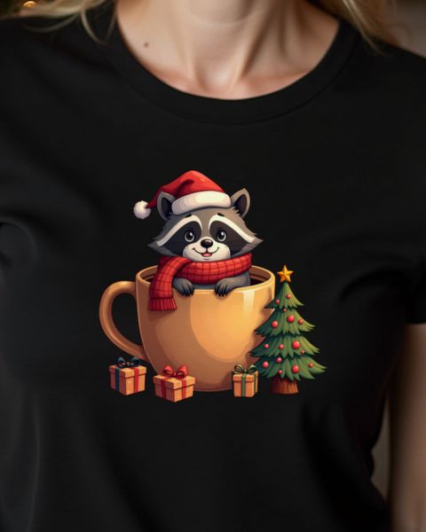 Waschbär umarmt Kaffeetasse – Weihnachten ohne Text