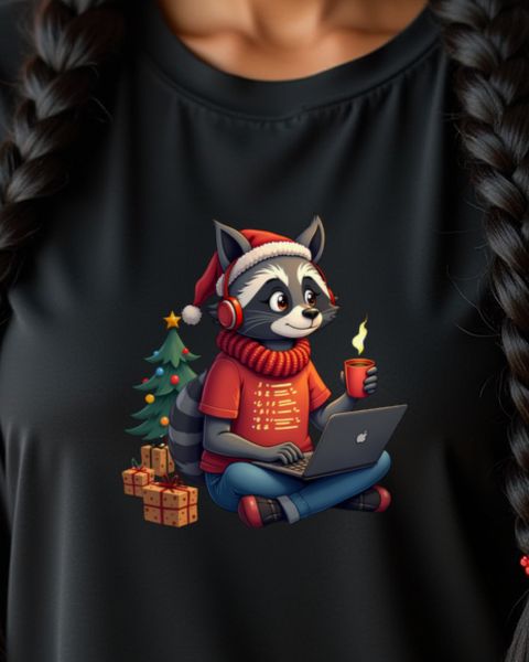 Christmas Raccoon Programmer at a Laptop – No Text
