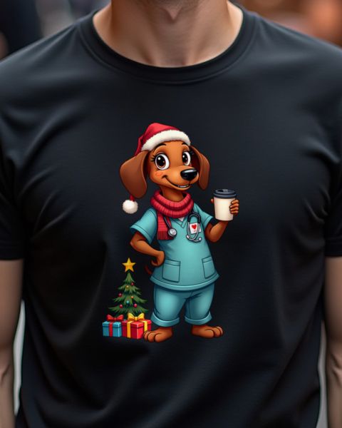 Christmas Dachshund Nurse in Scrubs With Coffee – No Text