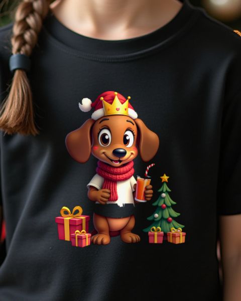Christmas Dachshund Kid with Paper Crown – No Text