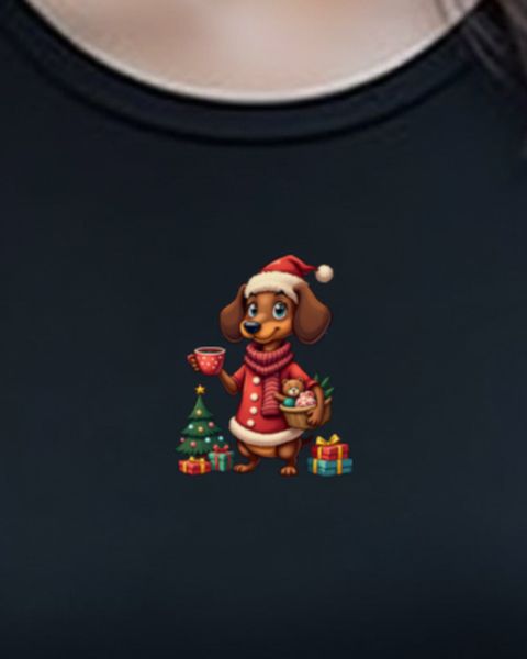 Christmas Dachshund Mom Juggling Coffee and Teddy – No Text