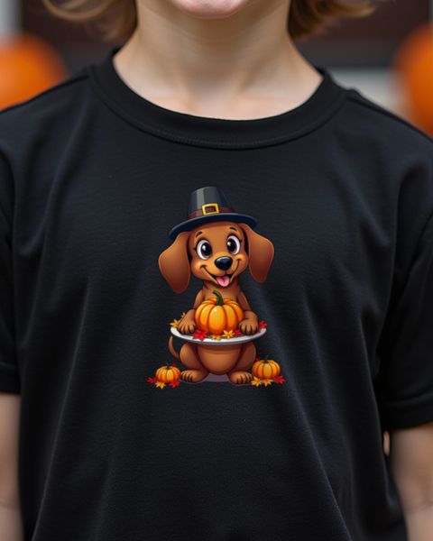 Thanksgiving Dachshund With Pilgrim Hat and Pie – No Text