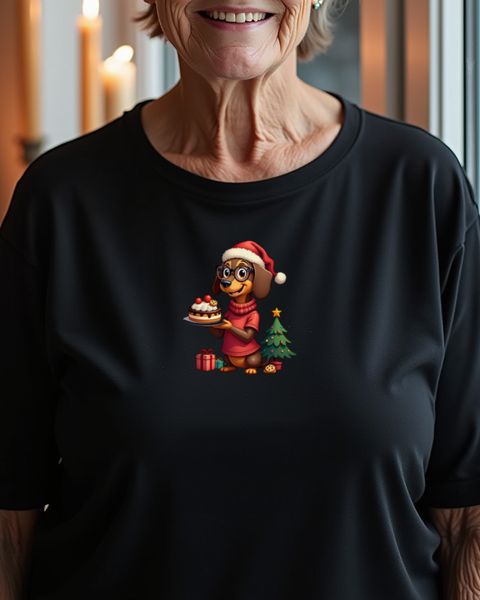 Dackel-Oma mit Kuchen zu Weihnachten – Motiv ohne Text