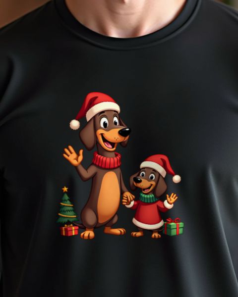 Christmas Dachshund Dad and Kid in Santa Hats – No Text
