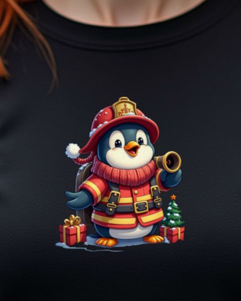 Christmas Firefighter Penguin with Fire Truck – No Text