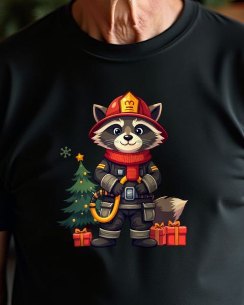 Christmas Firefighter Raccoon with Fire Truck – No Text