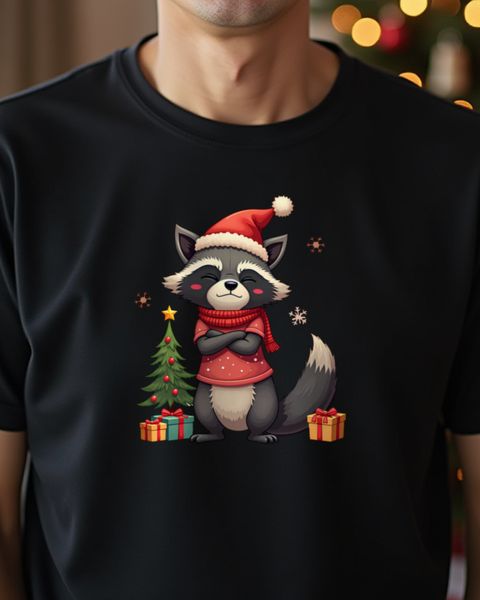 Unimpressed Christmas Raccoon in Santa Hat – No Text