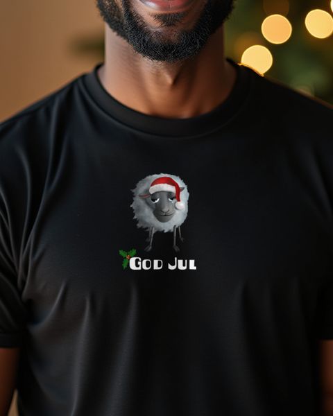 God Jul - Schaf mit Weihnachtsmütze, schwedisch