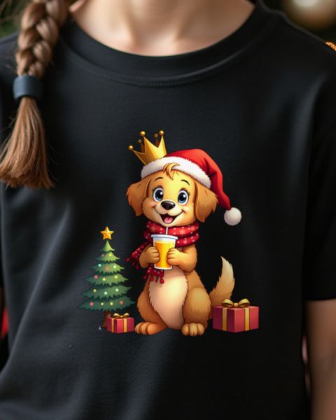 Christmas Golden Retriever Kid with Paper Crown – No Text