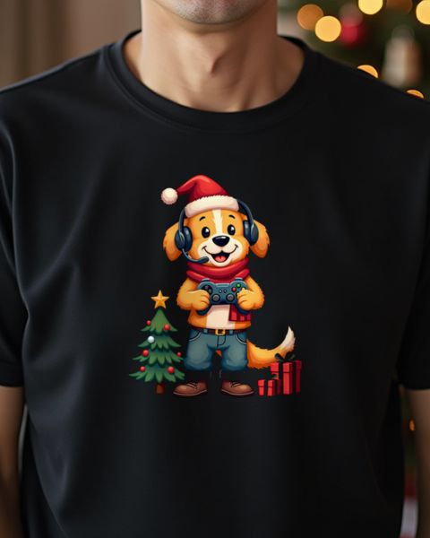 Christmas Gamer Golden Retriever with Headset – No Text