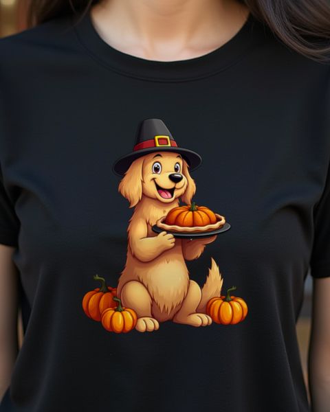 Golden Retriever mit Pilgerhut und Kürbiskuchen – ohne Text