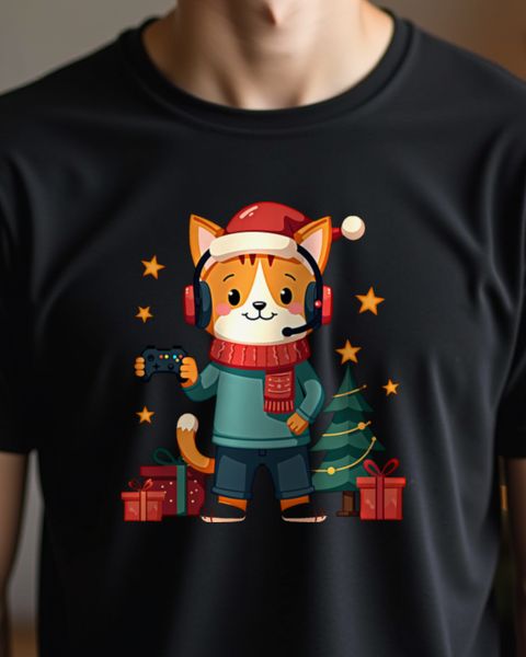 Christmas Gamer Cat with Headset – No Text