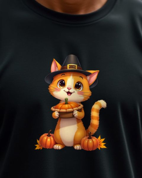 Thanksgiving Cat With Pilgrim Hat and Pumpkin Pie – No Text