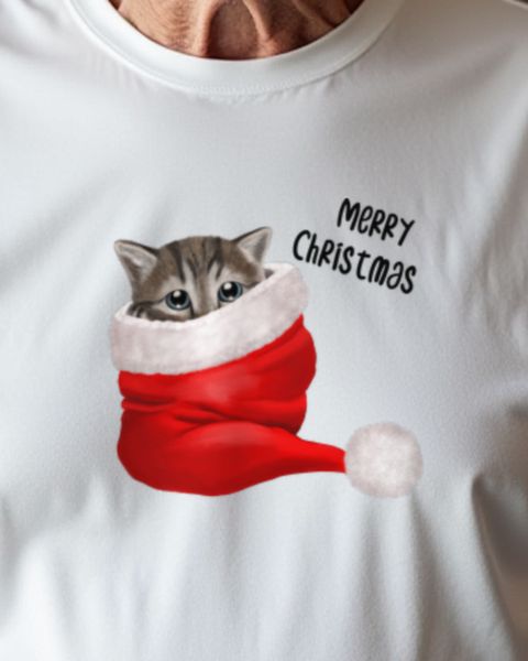 Cat in Santa Hat - Merry Christmas - Cute Cat Xmas