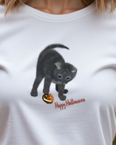Cat Playing with Pumpkin - Happy Halloween Cat Design
