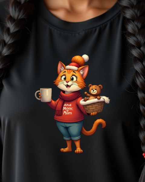 Christmas Cat Mom Juggling Coffee and Teddy – No Text