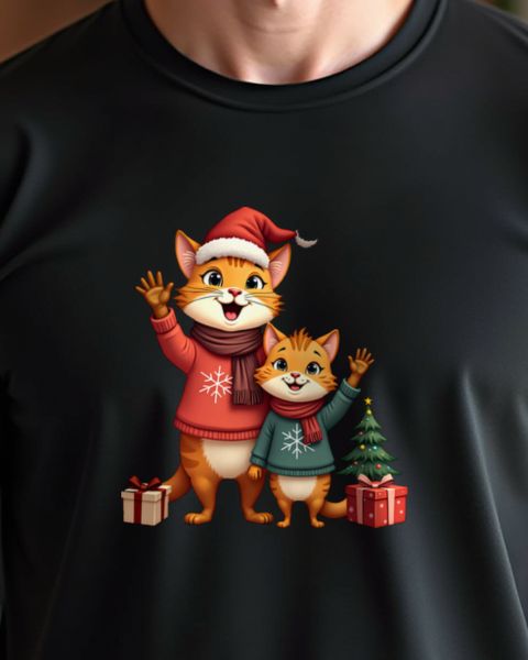 Christmas Cat Dad and Kid in Santa Hats – No Text