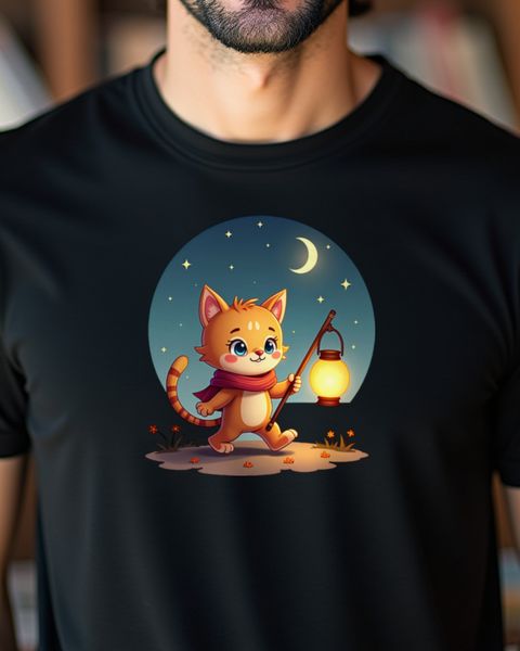 Cat Kid with Paper Lantern Under the Moon – No Text